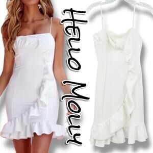 Hello  Molly White Ruffle Mini Dress Womens US XS AU 6 Cotton‑Blend Party Dress